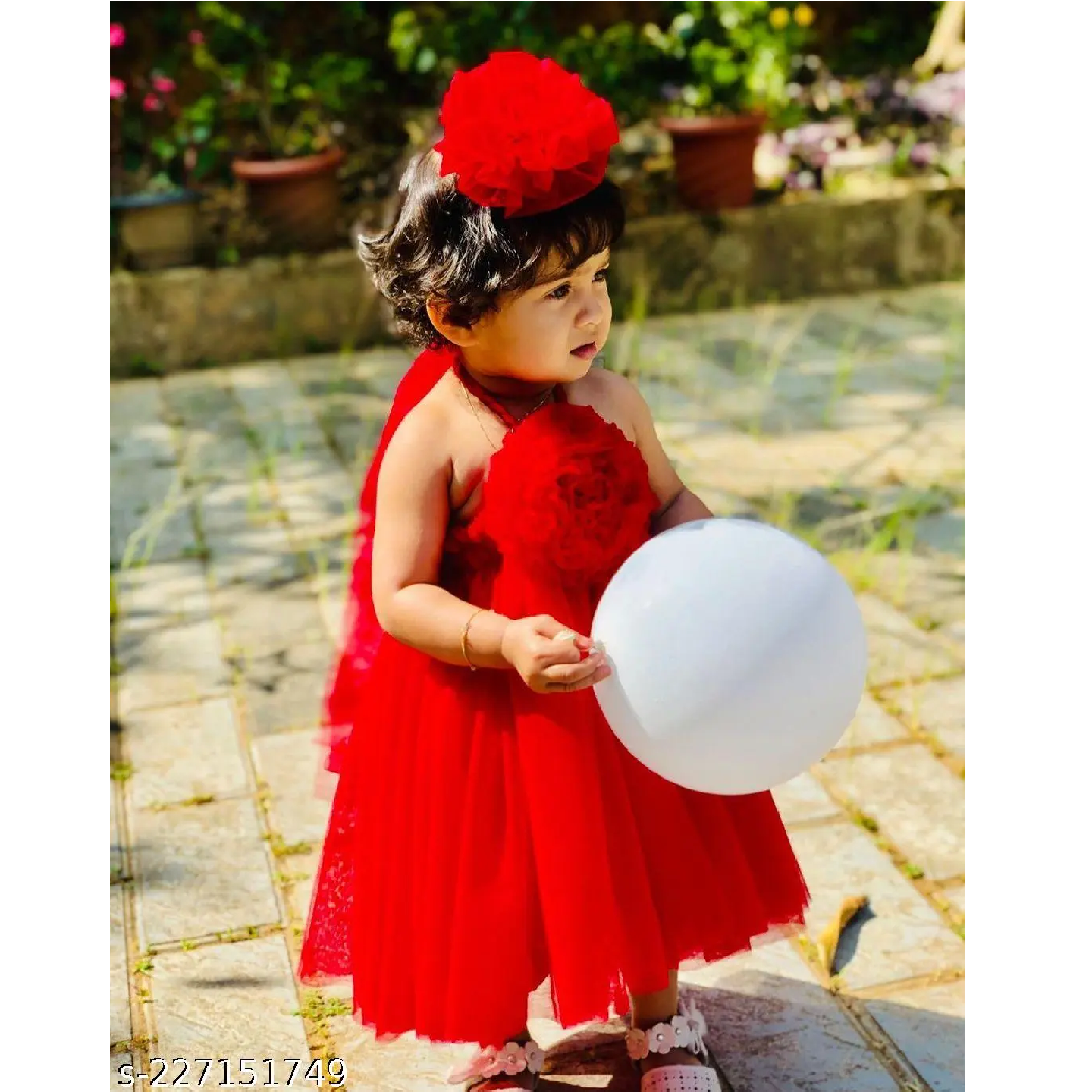 Red Embellished Solid Net Baby Girl Frock